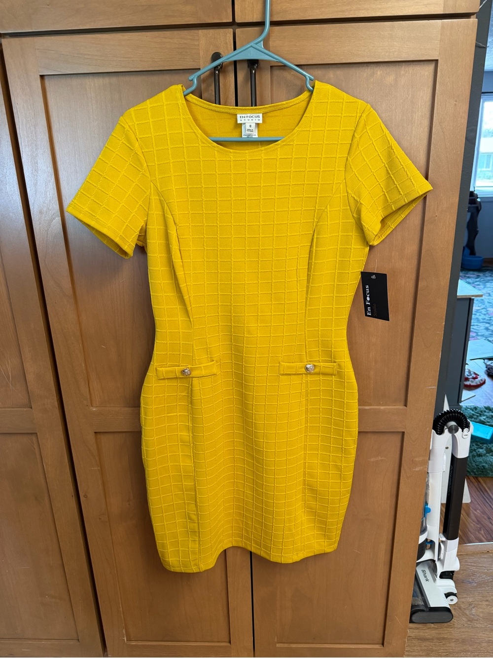 Eliza J Mustard Short-Sleeve Textured Mini Dress